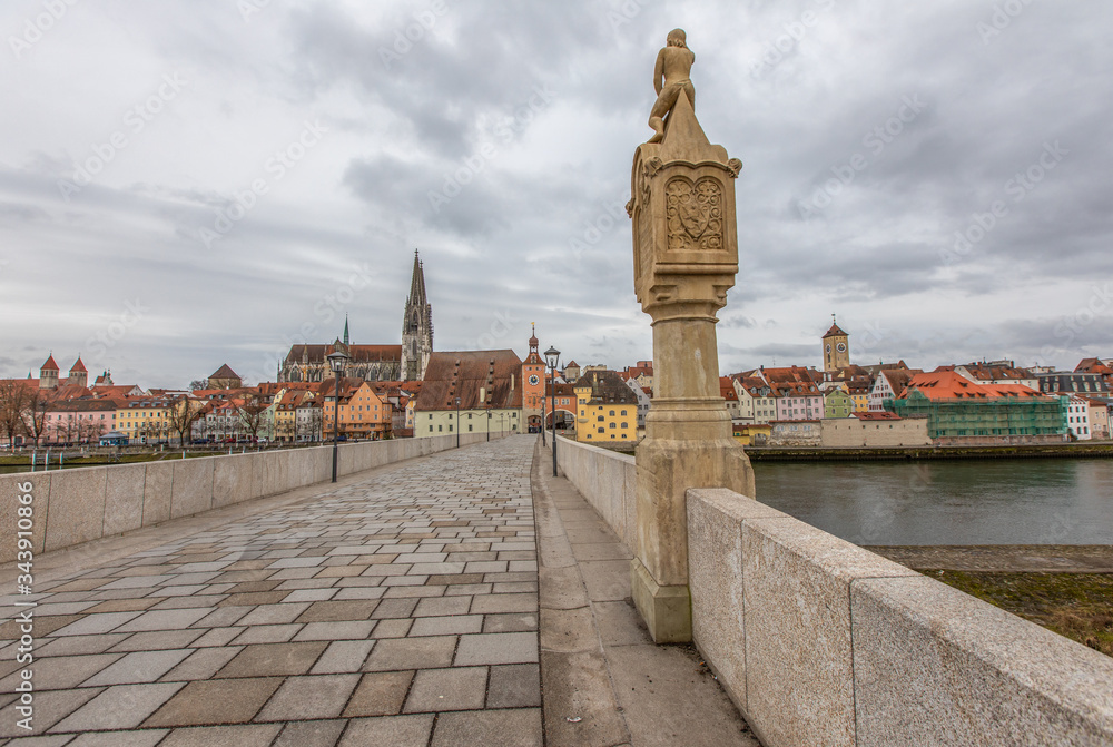 Regensburg, Germany,  as seen from the old stone bridge, a world heritage town.
