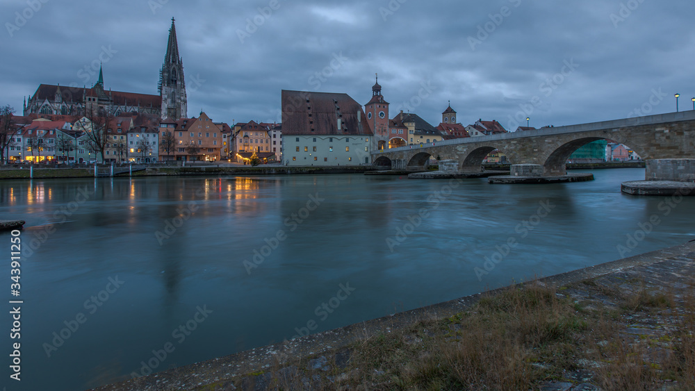 Fototapeta premium Regensburg, Germany, as seen from the old stone bridge, a world heritage town.