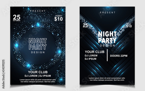 Night dance party music layout cover design template background with elegant dark blue glitters style. Light electro style vector for music event concert disco, club invitation, festival poster, party
