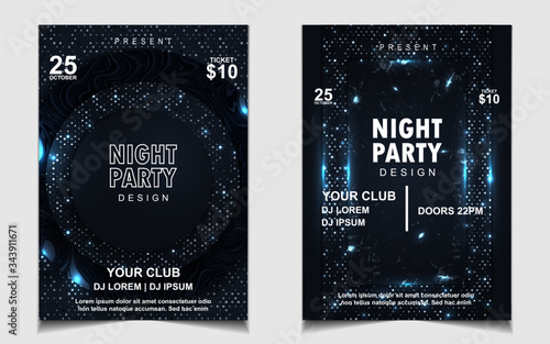 Night dance party music layout cover design template background with elegant dark blue glitters style. Light electro style vector for music event concert disco, club invitation, festival poster, party