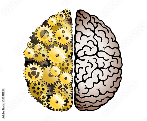 Vector Mechanical Human Brain On White Background. Cerebral Hemispheres, Convolutions Of The Mind Brain. Cog Wheel And Gears, Hard Process Of Thinking And Finding Ideas. Creativity, Brainstorm Concept