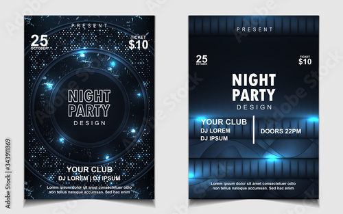Night dance party music layout cover design template background with elegant dark blue glitters style. Light electro style vector for music event concert disco, club invitation, festival poster, party