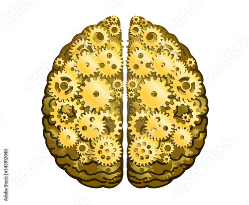 Vector Mechanical Human Brain. Cerebral Hemispheres, Convolutions Of The Mind Brain. Gold Metal Cog Wheels And Gears, Process Of Thinking And Finding Ideas. Creativity, Brainstorm Concept.