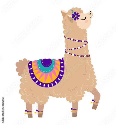 Fashionable llama character in pyjamas, glasses, camp concept and vector illustration on white background. Beautiful and playful herbivore animal, cheerful llama with big ear. Flat style.