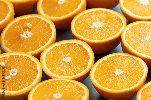 Pattern of oranges on a blue background.