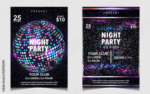 Night dance party music layout cover design template background with colorfu dark blue glitters style. Light electro vector for music event concert disco, club invitation, festival poster, flyer