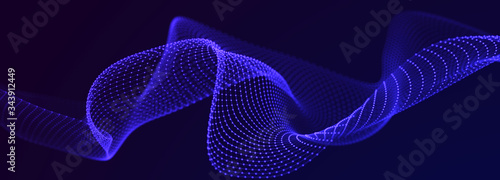 Futuristic wave on dark background. Colored pattern of connection dots and lines. Technology Banner. 3D Widescreen © Olga