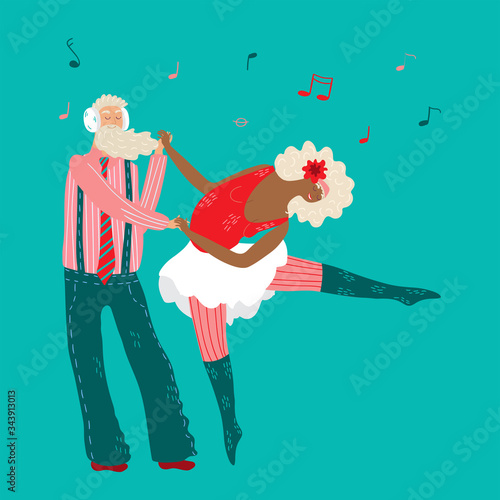 Senior couple dancing to music, elderly people cartoon characters, happy retirement vector illustration. Old man and woman dancers, romantic elderly couple. Hand drawn senior people dance together