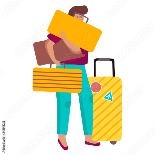 Cartoon passenger woman with luggage walking to hostel or hotel, make a reservation with many baggage, summer vacation, isolated on white, vector illustration. Traveler girl with backpack go home