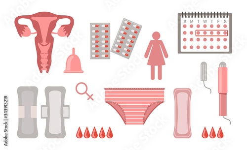 Menstruation flat icon collection. Female menstrual calendar, pads, uterus and tampons vector illustration set. Girl periods and PMS concept