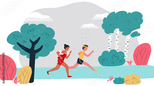 Cartoon young man and woman marathon running sport race sprint in city part, or forest outdoor, flat isometric vector illustration. Sports competition, outdside workout, athletics. Healthy lifestyle