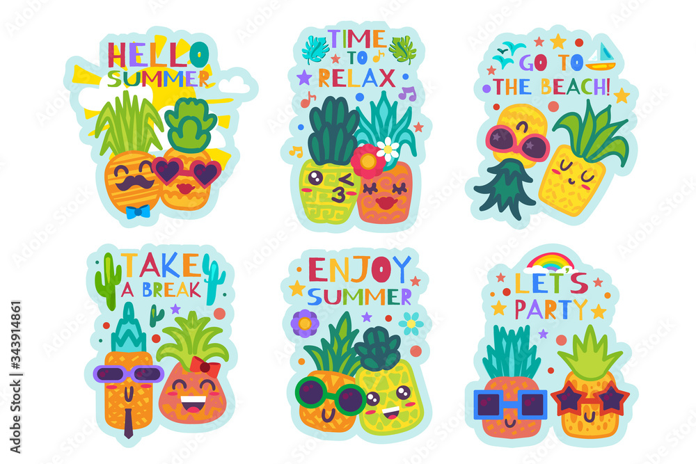 Nice Hello Summer Cute Pineapples Stickers Set