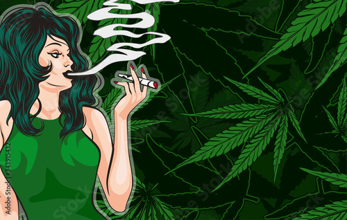 Green lady smoking joint with cannabis