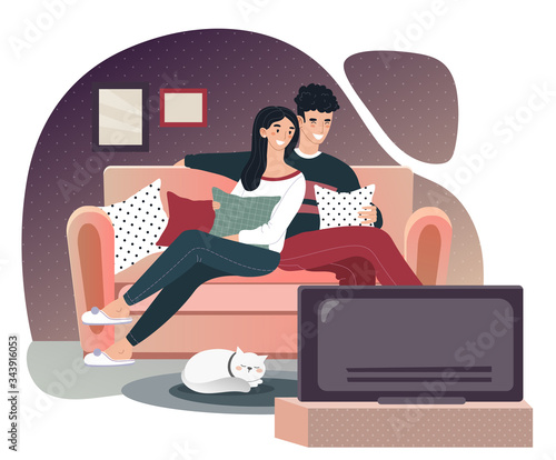 People watching movie in cinema, cartoon characters in 3D glasses, vector illustration. Man and woman with popcorn, friends on premiere together. Modern entertainment, evening leisure recreation night