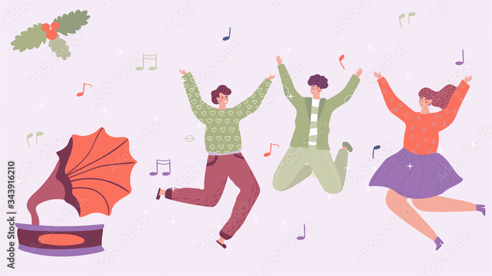 Fototapeta premium People dancing to retro music, happy man and woman jumping, cartoon characters and gramophone, vector illustration. Cheerful people celebrating together, retro style party, vintage gramophone music