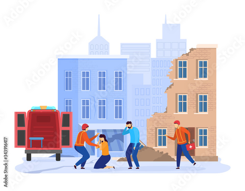 Earthquake disaster in city, emergency rescue people from destroyed houses, vector illustration. Victims of natural cataclysm, first aid team help evacuate citizens. Catastrophe damage, ruined town