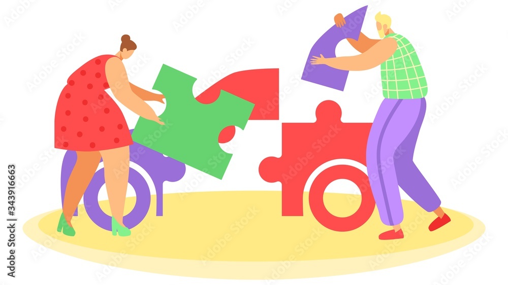 Man and woman solving jigsaw puzzle in shape of car, vector illustration. Couple planning to buy car, bank loan concept, people cartoon characters. Family budget, man and woman saving money for auto