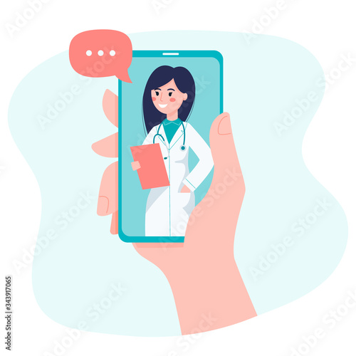 Online consultation with a doctor on a video call in a smartphone. Concept for medical web site or app. Vector flat illustration