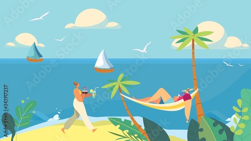 Summer vacation on tropical island with luxury service, vector illustration. Seaside resort on beach, man relaxing in hammock, woman serving cocktails. Ocean beach vacation, summertime leisure people
