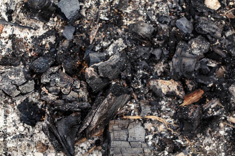 Natural ash charcoal fire place texture background. Closeup macro of old aged burnt wood. Abstract burnt tree log nature backdrop or a wallpaper. Dirty messy surface of firepit with copyspace.