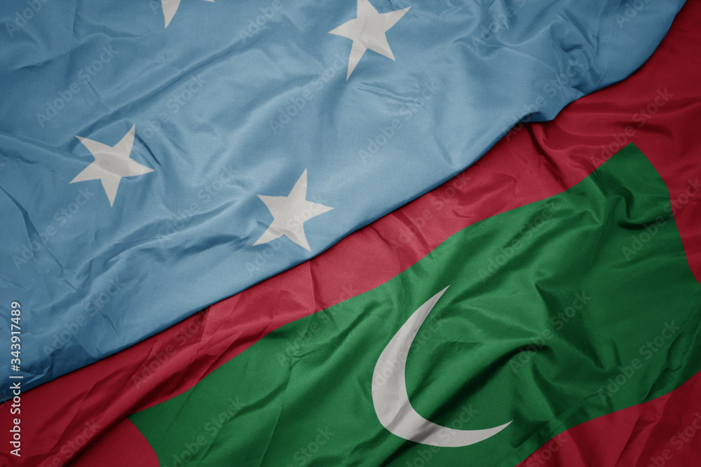 waving colorful flag of maldives and national flag of Federated States of Micronesia . - obrazy, fototapety, plakaty 