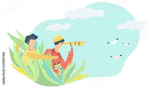 People with spyglass and binoculars watching birds, vector illustration. Birdwatching hobby, outdoor activity, explore nature. Ornithologist volunteer observing flying birds, wildlife studying outdoor