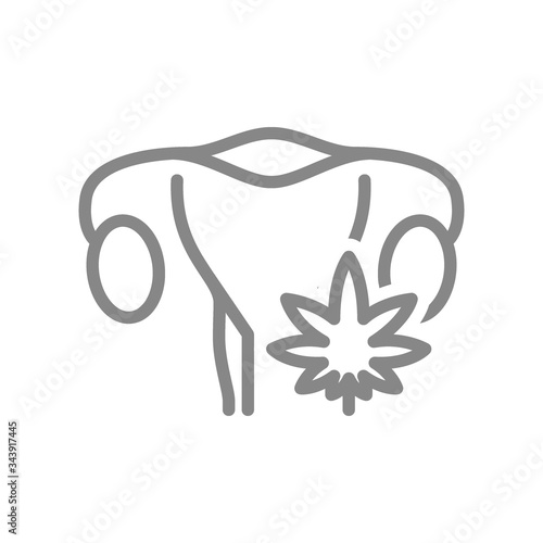 Woman uterus with marijuana leaf line icon. Cannabis treatment, anesthesia symbol