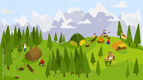 Summer camping outdoor in nature, people on vacation, vector illustration. Campground near forest and mountains. Family and friends on vacation in summer camp with tents, active leisure in nature