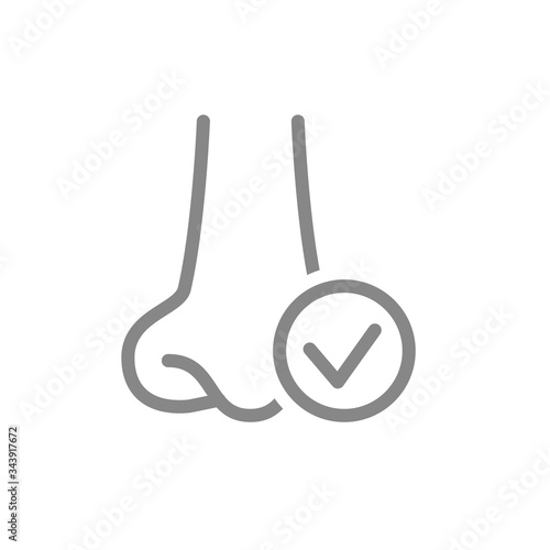 Human nose with tick checkmark line icon. Healthy organ of smell, olfactory system symbol