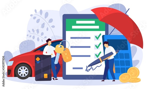 Car leasing, insurance and purchase concept, man signing deal, vector illustration. People buying car, cartoon characters. Bank loan agreement, property insurance, agent selling vehicle to customer