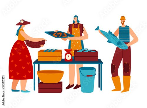 Fish market stall, people cartoon characters buying street food at fishshop kiosk vector illustration. Smiling man and cheerful woman in cute flat style. People like sailor outside.