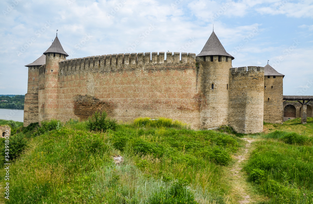 Ancient medieval Khotyn fortress located on the right bank of the Dniester River. Famous castle in West Ukraine. Ukrainian landmark.
