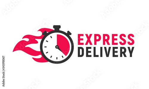 Express delivery icon with stopwatch and fire. Delivery logo, poster template. Timer icon. Fast shipping concept. Vector illustration
