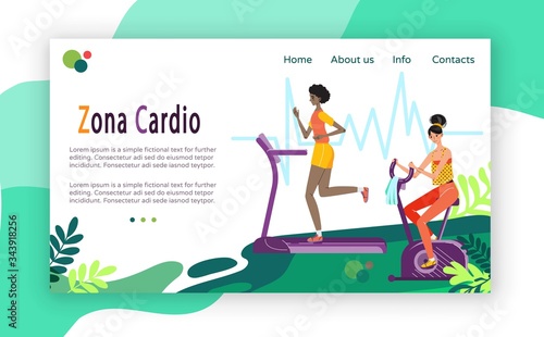 Cardio workout, women running and cycling in gym, vector illustration. Fitness center website design, weight loss program, cardio exercises. People training in gym, active leisure, healthy lifestyle
