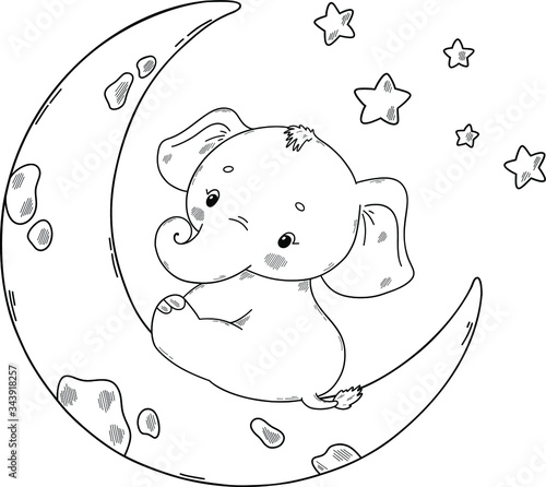 Cute baby elephant. Coloring book page for children
