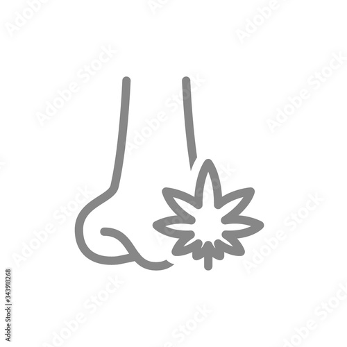 Human nose with marijuana leaf line icon. Cannabis treatment, anesthesia symbol