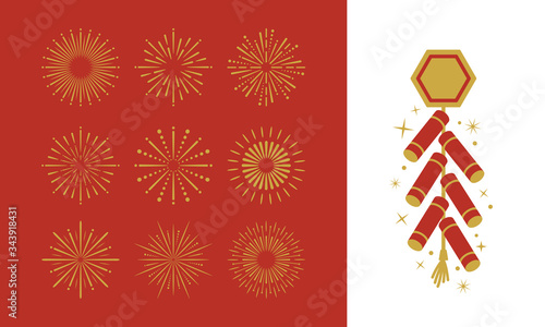 Firecracker set. 9 gold festive fireworks isolated on red background and Chinese firecracker icon. Celebration fireworks set. Vector illustration