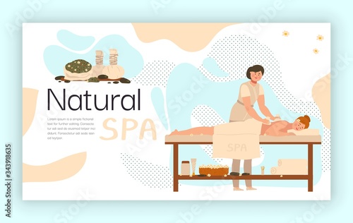 Natural spa treatment, skincare massage in wellness salon, vector illustration. Organic cosmetics for body care, masseuse in spa center. Natural healthcare procedure in wellness resort, people relax