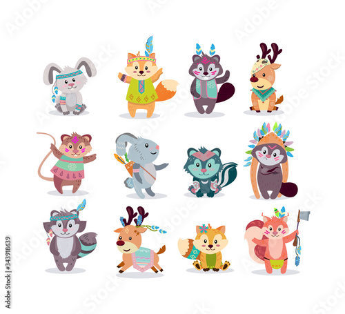 Woodland boho characters flat icon kit. Cartoon cute rabbit  fox  racoon  deer  mouse  squirrel vector illustration set. Fluffy sweet animals concept