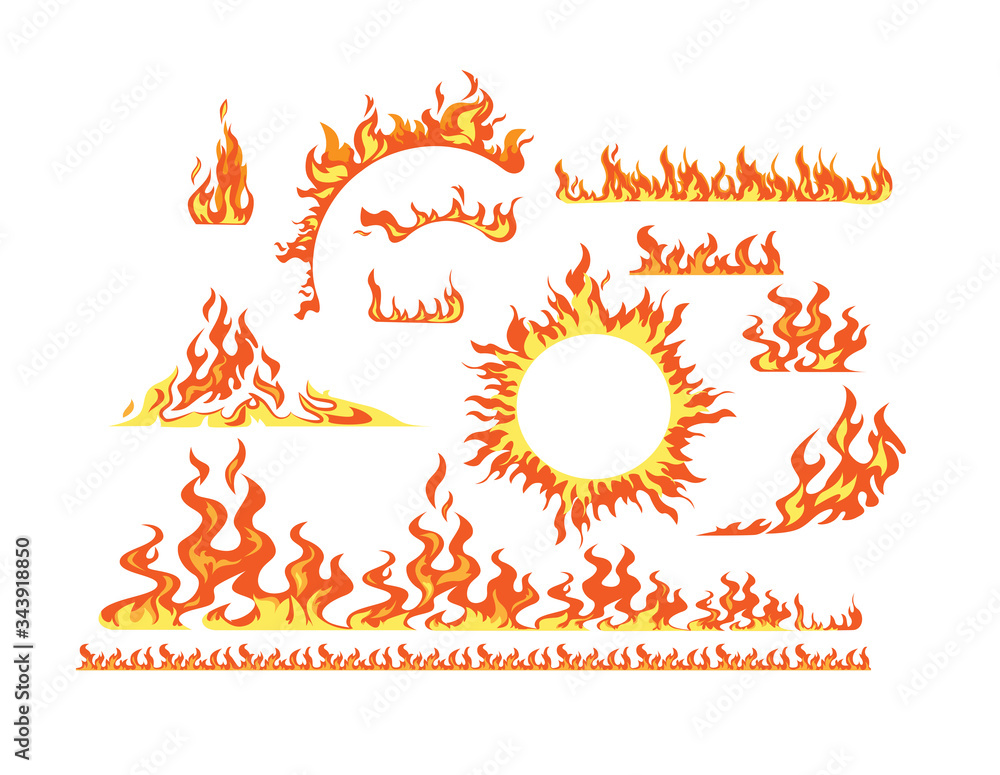 Flame elements flat icon kit. Cartoon symbol of fire and ignition vector illustration set. Horizontal pattern of blaze, hot igniting around wheel at white background