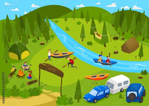 Summer camping outdoor in nature, people on vacation, vector illustration. Campground near forest, river kayaking. Summer youth camp with tents, active leisure in nature. Teenagers cartoon characters