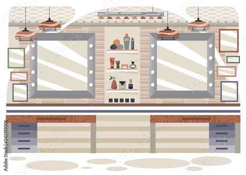 Beauty salon interior design, empty barbershop studio, modern stylish workplace, vector illustration. Luxury spa center, comfortable wellness boutique, elegant cosmetic atelier parlor with mirrors