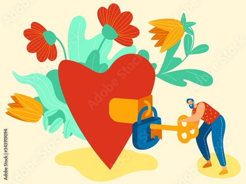 Tiny man opens lock on heart with large key, vector illustration. Romantic cartoon character trying to unlock closed heart, symbol of love. Creative valentine card, relationship concept, key to love
