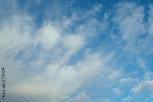Cirrus clouds on blue sunny spring sky, nature background without focus.