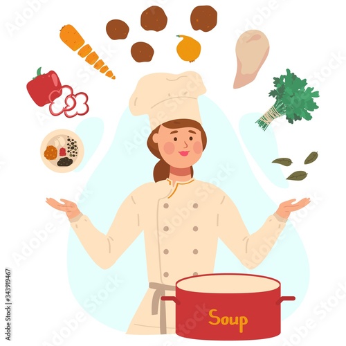 Ingredients for soup recipe, woman in cook uniform, vector illustration. Female chef cooking soup, healthy vegetarian meal. Dish ingredients, vegetables and herbs, illustration for cookbook recipe