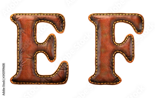 Set of leather letters E, F uppercase. 3D render font with skin texture isolated on white background.