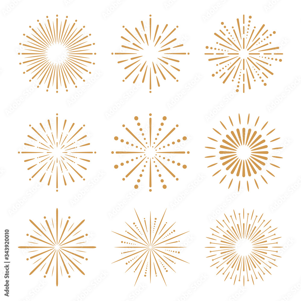 Fireworks icons set. 9 Gold fireworks isolated on white background. Fireworks explode effect design for banners, posters, covers, badges. Vector illustration