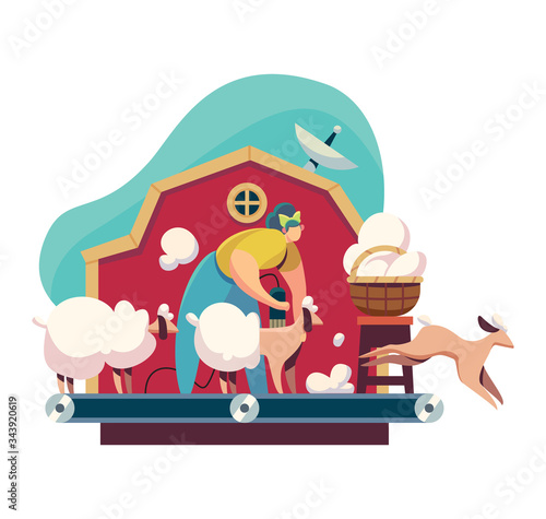 Modern and save conveyor for wool processing, concept and vector illustration on white background. Contemporary and technology for farm management and farmer characters. Flat style.