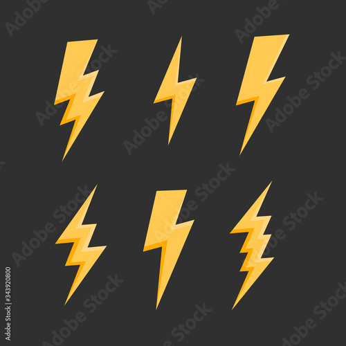 Thunderbolts icons set. Lightning bolt icons isolated on black background. Lightning strike flat icons. Vector illustration