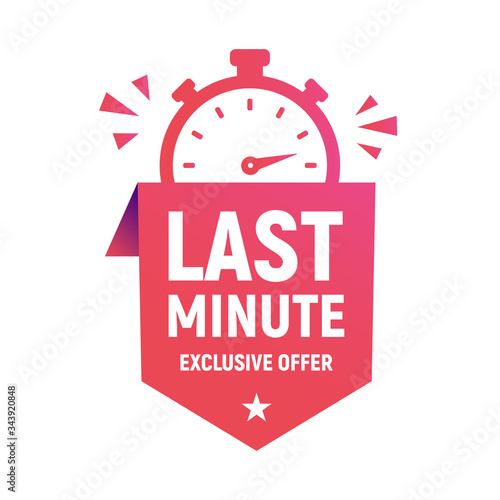 Last minute offer banner template for social media. Sale banner with stopwatch icon. Limited offer sticker with clock. Trendy modern design. Vector illustration